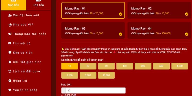 Hướng dẫn nạp tiền 98Win qua Momo Pay